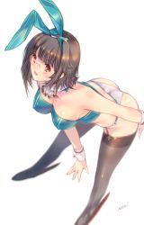 Rule 34 | 10s, 1girl, adapted costume, animal ears, arm behind back, ascot, ass, bare shoulders, black hair, black thighhighs, breasts, covered erect nipples, detached collar, fake animal ears, garter straps, glasses, kantai collection, large breasts, leaning forward, legs apart, min-naraken, rabbit ears, red eyes, short hair, signature, simple background, solo, standing, takao (kancolle), thighhighs, white background, wrist cuffs