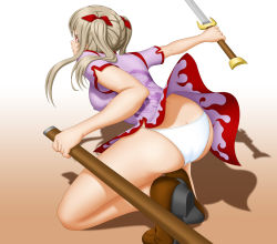 Rule 34 | 1girl, artist request, ass, breasts, butt crack, china dress, chinese clothes, covered erect nipples, dress, hair ribbon, large breasts, light brown hair, long hair, original, panties, quad tails, red eyes, ribbon, shadow, sheath, shoes, sideboob, solo, squatting, sword, underwear, weapon