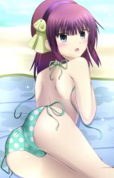 Rule 34 | 1girl, angel beats!, beach, bikini, blunt bangs, blurry, blurry background, blush, bow, day, green bikini, green bow, green eyes, green ribbon, hair bow, hairband, highres, lelie (lelie link), long hair, looking at viewer, looking back, open mouth, outdoors, polka dot, polka dot bikini, purple hair, purple hairband, ribbon, solo, summer, swimsuit, untied bikini, yuri (angel beats!)