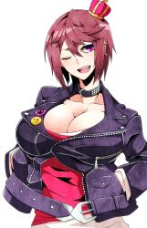 Rule 34 | 1girl, breasts, camui (camui kamui), choker, cleavage, crown, earrings, highres, hz (666v), jacket, jewelry, large breasts, leather, leather jacket, mini crown, one eye closed, open mouth, original, purple eyes, red hair, red shirt, shirt, short hair, smile