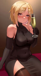 Rule 34 | 1girl, absurdres, black dress, black gloves, black thighhighs, blonde hair, blush, breasts, brown eyes, closed mouth, collarbone, covered collarbone, covered navel, cup, dress, elbow gloves, girls&#039; frontline, gloves, highres, holding, holding cup, impossible clothes, large breasts, long hair, looking at viewer, mp40 (girls&#039; frontline), navel, revision, sitting, sleeveless, sleeveless dress, solo, thighhighs, toryu fufu, turtleneck, turtleneck dress
