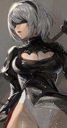 Rule 34 | 1girl, black dress, blindfold, breasts, cleavage, cleavage cutout, clothing cutout, dress, grey background, groin, headband, highleg, highleg leotard, highres, leotard, leotard under clothes, looking to the side, medium breasts, modare, mole, mole under mouth, nier (series), nier:automata, parted lips, pink lips, puffy sleeves, ribbed dress, short hair, silver hair, simple background, solo, sword, thong leotard, turtleneck, weapon, 2b (nier:automata)