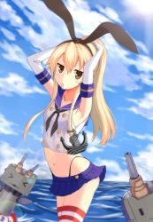 Rule 34 | 10s, 1girl, adjusting hair, armpits, arms up, black panties, blonde hair, blue skirt, brown eyes, collarbone, crop top, day, elbow gloves, gloves, hair ornament, highres, kantai collection, long hair, looking at viewer, microskirt, midriff, miniskirt, multiple girls, navel, ocean, outdoors, panties, pleated skirt, rensouhou-chan, shimakaze (kancolle), skirt, sky, solo, striped clothes, striped thighhighs, thighhighs, tying hair, underwear, white gloves, xingnai