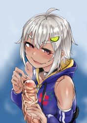 Rule 34 | 1boy, 1girl, ahoge, bare shoulders, choker, clothed female nude male, collarbone, erection, fang, food, foreskin, foreskin pull, fruit, hair ornament, hayama marin, hood, hood down, hoodie, jewelry, lime (fruit), lime slice, looking at viewer, mole, mole under eye, necklace, nijisanji, nude, open mouth, penis, phimosis, pink eyes, simple background, sleeveless, sleeveless hoodie, smile, sturkey, third-party edit, uncensored, veins, veiny penis, virtual youtuber, white hair