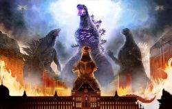 Rule 34 | building, burning, burning building, city, claws, cloud, cloudy sky, epic, fire, giant, glowing, glowing mouth, godzilla, godzilla (2014), godzilla (monsterverse), godzilla (series), godzilla (shin), godzilla vs. king ghidorah, gojira, height difference, highres, kaijuu, kaze no tani no nausicaa, kyoshinhei, legendary pictures, looking at another, looking at viewer, monster, monsterverse, no humans, open mouth, outdoors, sharp teeth, shin godzilla, sky, suttoko, teeth, toho, tokusatsu