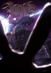 Rule 34 | 1girl, action, au ra, blonde hair, blunt bangs, breasts, cleavage, commission, fantasy, final fantasy, final fantasy xiv, glowing, glowing eyes, hair bun, highres, horns, kionaoki, looking at viewer, magic, open hand, purple eyes, purple theme, sidelocks, signature, single hair bun, skeb commission, solo, warrior of light (ff14)