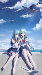 Rule 34 | absurdres, aircraft, airplane, arm at side, bare shoulders, bird, blouse, blue eyes, blue hair, blue ribbon, blue sailor collar, blue skirt, blue sky, blurry, blurry foreground, bow, closed mouth, cloud, day, flower, fubuki (warship girls r), full body, hand on another&#039;s shoulder, hand on own chest, harbor, highres, horizon, lazy guang guang, leaning to the side, leg ribbon, long hair, low-tied long hair, medium skirt, midriff peek, navel, neckerchief, no shoes, ocean, outdoors, pantyhose, parted lips, pier, pink eyes, pleated skirt, red bow, red neckerchief, ribbon, sailor collar, school uniform, seagull, serafuku, shadow, shirayuki (warship girls r), shirt, sidelocks, skirt, sky, sleeveless, sleeveless shirt, smile, straight hair, thigh ribbon, thighband pantyhose, thighhighs, very long hair, warship girls r, water, white legwear, white ribbon, white shirt