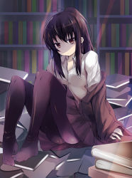 Rule 34 | 1girl, black hair, black pantyhose, brown eyes, feet, highres, jitome, long hair, looking at viewer, messy hair, no shoes, original, pantyhose, ponytail, school uniform, sidelocks, sitting, solo, toes, tsuzuri (itosousou)