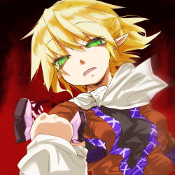 Rule 34 | 1girl, arm warmers, black shirt, blonde hair, breasts, brown jacket, commentary request, green eyes, hair between eyes, half updo, jacket, looking at viewer, mizuhashi parsee, multicolored clothes, multicolored jacket, open mouth, pointy ears, red background, scarf, shirt, short hair, small breasts, solo, touhou, upper body, white scarf, yamu (yamuyama web)