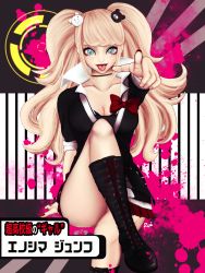 Rule 34 | bear hair ornament, blonde hair, blood, blue eyes, boots, bow, calf boots, crossed legs, danganronpa: trigger happy havoc, danganronpa (series), enoshima junko, fake nails, full body, hair ornament, highres, knees up, leather, leather boots, legs, legs together, looking at viewer, nail polish, panties, pink blood, pointing, pointing at viewer, red nails, ruiyuzawa, simple background, tongue, tongue out, underwear