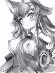 Rule 34 | 1girl, animal ears, bad id, bad twitter id, breasts, closed mouth, collared shirt, covered erect nipples, greyscale, hair flaps, hair ornament, hairclip, highres, hololive, large breasts, long hair, looking at viewer, monochrome, nanashi (nlo), necktie, ookami mio, shirt, simple background, solo, upper body, virtual youtuber, white background, wing collar, wolf ears