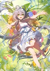 Rule 34 | 1girl, absurdly long hair, absurdres, artist name, bare arms, bow, commentary, crossed bangs, dress, floral background, foot out of frame, green eyes, grey hair, hair bow, hair rings, highres, long hair, looking at viewer, luo tianyi, musical note, open mouth, outstretched arms, shoes, solo, twintails, very long hair, virtual youtuber, vocaloid, vsinger, white bow, white dress, white footwear, yolanda