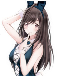 Rule 34 | 1girl, animal ears, arm up, armpits, bare arms, bare shoulders, black hair, breasts, brown eyes, rabbit ears, rabbit tail, closed mouth, fake animal ears, fake tail, finger to mouth, hairband, hand up, idolmaster, idolmaster shiny colors, index finger raised, large breasts, leotard, long hair, looking at viewer, nannacy7, simple background, smile, solo, tail, tsukioka kogane, upper body, white background, wing collar, wrist cuffs