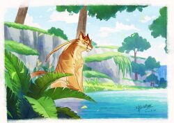 Rule 34 | animal focus, blue sky, border, cloud, commentary request, dated, day, fangs, full body, genshin impact, grass, kaminaga mutsumi, leaf, no humans, outdoors, plant, rishboland tiger (genshin impact), rock, scenery, signature, sitting, sky, tiger, tree, water, white border
