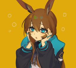 Rule 34 | 1girl, amiya (arknights), animal ears, arknights, ascot, black ascot, black jacket, blue eyes, braised fish, brown hair, hands on own cheeks, hands on own face, highres, hood, hooded jacket, jacket, jewelry, long hair, open clothes, open jacket, open mouth, rabbit ears, rabbit girl, ring, solo, yellow background