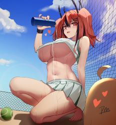 Rule 34 | 1girl, absurdres, azur lane, ball, barefoot, blue sky, bottle, breasts, bremerton (azur lane), bremerton (scorching-hot training) (azur lane), chain-link fence, cleavage, cloud, feet, fence, guangsupaomian, heart, heart-shaped pupils, highres, huge breasts, large breasts, manjuu (azur lane), navel, official alternate costume, pouring, pouring onto self, sky, sportswear, symbol-shaped pupils, tennis ball, tennis court, tennis uniform, two-tone shirt, two-tone skirt, underboob, water, water bottle