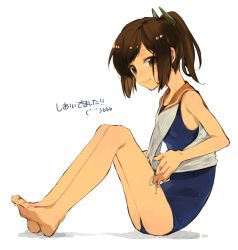 Rule 34 | 10s, 1girl, bad id, bad twitter id, bare legs, barefoot, brown eyes, brown hair, from side, full body, hita (hitapita), i-401 (kancolle), kantai collection, knees up, legs together, long legs, looking at viewer, one-piece swimsuit, ponytail, sailor collar, school swimsuit, short hair, simple background, sitting, smile, solo, swimsuit, swimsuit under clothes, white background