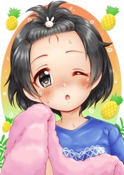 Rule 34 | 1girl, ;o, blue shirt, blush, breasts, rabbit hair ornament, commentary request, food, forehead, fruit, hair ornament, head tilt, highres, holding, holding towel, idolmaster, idolmaster cinderella girls, looking at viewer, one eye closed, parted lips, pineapple, regular mow, sasaki chie, shirt, short hair, signature, small breasts, solo, sweat, towel, twitter username, upper body
