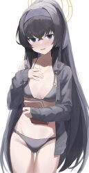 Rule 34 | 1girl, absurdres, bikini, black hair, black jacket, blue archive, blush, book, breasts, commentary, cowboy shot, evening rabbit, gold necklace, grey bikini, hairband, halo, highres, holding, holding book, jacket, jewelry, long hair, long sleeves, looking at viewer, navel, necklace, o-ring, o-ring bikini, open mouth, ponytail, purple eyes, purple hairband, single off shoulder, small breasts, solo, sweat, swimsuit, transparent background, ui (blue archive), ui (swimsuit) (blue archive), yellow halo