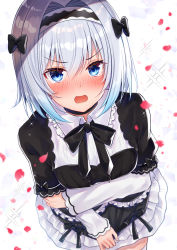 Rule 34 | 1girl, arm under breasts, black bow, black dress, black hairband, blue eyes, blue hair, blush, bow, breasts, center frills, collared shirt, commentary request, dress, frilled dress, frills, gyozanuko, hair between eyes, hair bow, hairband, highres, layered sleeves, long sleeves, looking at viewer, nose blush, open mouth, petals, puffy short sleeves, puffy sleeves, ryuuou no oshigoto!, shirt, short over long sleeves, short sleeves, small breasts, solo, sora ginko, sparkle, tears, v-shaped eyebrows, white shirt
