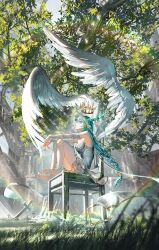 Rule 34 | 1girl, absurdres, ahoge, angel wings, anklet, aqua eyes, aqua hair, architecture, armlet, armpits, bare shoulders, barefoot, bracelet, braid, chair, commentary request, cross, crown, dress, feathered wings, floating crown, from side, gawako, grass, highres, horns, jewelry, leaf, long hair, looking up, low-tied long hair, original, outdoors, single braid, sitting, strapless, strapless dress, tree, very long hair, wings
