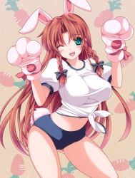 Rule 34 | 1girl, :d, alternate costume, animal ears, animal hands, animated, animated png, aqua eyes, blush, blush stickers, bow, braid, breasts, buruma, carrot, derivative work, fake ears, female focus, gloves, green eyes, gym uniform, hair bow, hong meiling, kaze (kazesan), kemonomimi mode, large breasts, long hair, midriff, monety, navel, one eye closed, open mouth, paw gloves, rabbit ears, rabbit tail, red hair, shirt, smile, solo, tail, tied shirt, touhou, twin braids, very long hair, wink