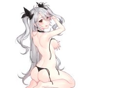 Rule 34 | 1girl, :q, antenna hair, arm up, armpits, ass, azur lane, back, bare arms, bare legs, bare shoulders, barefoot, bikini, black bikini, black choker, black ribbon, blush, breasts, choker, closed mouth, covering privates, covering breasts, cross, cross earrings, earrings, hair ribbon, highres, japanese clothes, jewelry, long hair, looking at viewer, medium breasts, mgim2285, mole, mole on breast, multicolored hair, prinz eugen (azur lane), prinz eugen (unfading smile) (azur lane), red hair, ribbon, shoulder blades, side-tie bikini bottom, sideboob, silver hair, simple background, sitting, smile, solo, streaked hair, swimsuit, thong bikini, tongue, tongue out, two side up, untied bikini, very long hair, wedgie, white background, yellow eyes