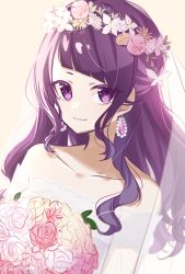 Rule 34 | 1girl, bare shoulders, blurry, bouquet, collarbone, dress, earrings, flower, garland (decoration), highres, idolmaster, idolmaster shiny colors, jewelry, light smile, long hair, looking at viewer, minorin, purple eyes, purple hair, rose, strapless, strapless dress, tanaka mamimi, veil, wedding dress, white dress