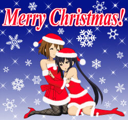 ! 2girls bare_shoulders black_hair boots brown_eyes brown_hair christmas closed_mouth collarbone detached_sleeves dot_nose english_text female_focus fishnet_pantyhose fishnets full_body hair_between_eyes hair_ornament hairclip hat high_heels hirasawa_yui jophiel k-on! kneeling long_hair merry_christmas multiple_girls nakano_azusa no_nose open_mouth pantyhose pom_pom_(clothes) santa_boots santa_costume santa_hat smile snowflakes twintails