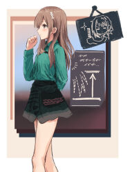 Rule 34 | 1girl, arm behind back, border, brown eyes, bullfalk, clenched hand, collared shirt, feet out of frame, from side, green shirt, green skirt, hair ornament, hand up, highres, light brown hair, long hair, long sleeves, looking ahead, miniskirt, original, outside border, shirt, sidelocks, sign, skirt, solo, white border