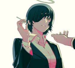 1boy 1girl black_hair breasts chainsaw_man cigarette death eyepatch formal_clothes halo hand_up hayakawa_aki highres himeno_(chainsaw_man) holding holding_cigarette long_sleeves looking_at_another medium_breasts one_eye_covered reaching reaching_towards_viewer short_hair simple_background smile smoke solo_focus suit teeth tuzaixia white_background