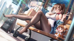 Rule 34 | 1girl, black pantyhose, breasts, feet, full body, glasses, highres, long hair, looking at viewer, mask, meion, no shoes, one eye closed, original, pantyhose, pantyhose under shorts, ponytail, red eyes, shorts, skirt, smile, soles, thighhighs, thighs