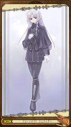 Rule 34 | 1other, androgynous, asura fantasy online, black footwear, black pants, black shirt, blue eyes, boots, elf, full body, gloves, knee boots, kuga tsukasa, long hair, looking at viewer, omc, pants, pointy ears, shawl, shirt, silver hair, smile, solo, standing, white gloves