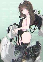 Rule 34 | 1girl, absurdres, black leotard, black thighhighs, blush, breasts, brown hair, cable, commentary request, from side, green background, green eyes, hair ornament, highres, hip focus, holding, leg armor, leotard, long hair, looking at viewer, mecha musume, oota youjo, original, parted lips, ribs, sideboob, skin tight, solo, standing, steam, thighhighs