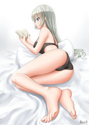 Rule 34 | 1girl, absurdres, ass, bare arms, bare legs, bare shoulders, barefoot, bed, black bra, black panties, blue eyes, blush, book, bra, breasts, cameltoe, closed mouth, eyebrows, feet, female focus, full body, grey hair, highres, kayama kouji, large breasts, legs, lingerie, long hair, lying, mahou shoujo tokushusen asuka, mole, mole under eye, monochrome background, on bed, on side, ootorii asuka, open mouth, panties, pillow, reading, shiny skin, simple background, solo, toes, underwear, underwear only, white background
