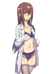 Rule 34 | 1girl, blush, bow, bow panties, bra, breasts, brown hair, closed mouth, collarbone, frilled panties, frills, grey thighhighs, kitsune n, lab coat, lingerie, long hair, looking away, makise kurisu, midriff, navel, open clothes, open shirt, panties, purple bra, purple eyes, purple panties, shirt, simple background, sleeves past wrists, small breasts, solo, steins;gate, thigh gap, thighhighs, underwear, white background