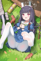 Rule 34 | 1girl, absurdres, animal ears, black hair, blue archive, blue serafuku, blue shirt, blue skirt, blunt bangs, blush, bound, bound wrists, bright pupils, carrot, clenched hands, clothes lift, commentary, day, english commentary, fake animal ears, feet, foot out of frame, foreshortening, from above, grass, green neckerchief, gun, hair spread out, halo, highres, legs up, long hair, long sleeves, looking at viewer, lying, miyu (blue archive), mousedic07, neckerchief, no shoes, on back, on grass, open mouth, outdoors, pantyhose, rabbit ears, red eyes, restrained, rifle, sailor collar, school uniform, serafuku, shirt, skirt, skirt lift, soles, toes, wavy mouth, weapon, white halo, white pantyhose, white pupils, white sailor collar