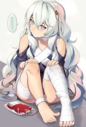 Rule 34 | 1girl, ahoge, ass, bandaged leg, bandages, barefoot, blood, blood bag, blue eyes, blue nails, choker, closed mouth, collarbone, detached sleeves, dress, expressionless, feet, fingernails, full body, girls&#039; frontline, grey nails, hair between eyes, hand up, head tilt, highres, intravenous drip, jitome, kinsenka momi, legs, light particles, long hair, looking at viewer, nail polish, ribeyrolles (girls&#039; frontline), silver hair, sitting, solo, thighs, toes, very long hair, wide sleeves