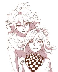 Rule 34 | 2boys, argyle, blush, checkered clothes, checkered scarf, commentary request, danganronpa (series), danganronpa 2: goodbye despair, danganronpa v3: killing harmony, greyscale, hair between eyes, hand on another&#039;s head, jacket, komaeda nagito, long sleeves, looking at another, looking at viewer, male focus, medium hair, messy hair, monochrome, multiple boys, open mouth, oma kokichi, parted lips, purple eyes, scarf, shirt, short hair, simple background, smile, songmil, teeth, upper body