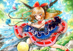 Rule 34 | 1girl, bare arms, bare shoulders, belt, blonde hair, bow, chain, color ink (medium), cuffs, gourd, hair bow, horn ornament, horn ribbon, horns, ibuki suika, long hair, looking at viewer, marker (medium), mosho, open mouth, orange hair, painting (medium), ribbon, rock, shackles, shirt, skirt, sleeveless, sleeveless shirt, smile, solo, touhou, traditional media, water, watercolor (medium), weights, wrist cuffs