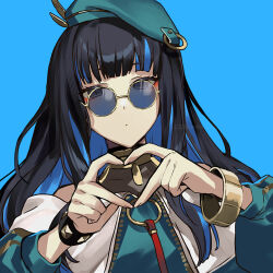 Rule 34 | 1girl, beret, black hair, blue background, blue hair, bracelet, colored inner hair, fate/grand order, fate (series), hat, heart, heart hands, highres, jewelry, long hair, multicolored hair, nitaka (fujikichi), round eyewear, solo, studded bracelet, sunglasses, tenochtitlan (fate), tenochtitlan (second ascension) (fate), watermark