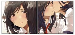 Rule 34 | 2girls, 2koma, black hair, blush, brown eyes, close-up, closed eyes, collared shirt, comic, facing another, fly (marguerite), imminent kiss, long hair, mole, mole on cheek, multiple girls, original, parted lips, red neckwear, shirt, short sleeves, sweat, white shirt, window, yuri