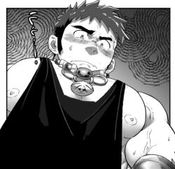 Rule 34 | 1boy, bara, blush, facial hair, foreshortening, from below, greyscale, large pectorals, long sideburns, looking at viewer, looking down, lowres, male focus, meme, monochrome, muscular, muscular male, nipple slip, nipples, o2h (oblivionh), original, pectoral cleavage, pectoral focus, pectorals, photo-referenced, scared, short hair, sideburns, sideburns stubble, sidepec, solo, stubble, sweat, tank top, thick eyebrows, upper body, yur oc like this (meme)