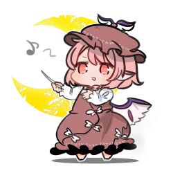 Rule 34 | 1girl, animal ears, barefoot, bird ears, bird wings, brown dress, brown hat, chibi, crescent moon, dress, eighth note, full body, hat, holding, kurotaro, long sleeves, moon, musical note, mystia lorelei, open mouth, pink eyes, pink hair, shirt, short hair, simple background, solo, standing, touhou, white background, white shirt, white wings, winged hat, wings