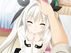 Rule 34 | :3, bed, blush, bow, closed eyes, hand on head, hapitora, happy, happy transportation, head pat, kani biimu, limia de wolfstein, headpat, short twintails, smile, twintails, uniform, white hair