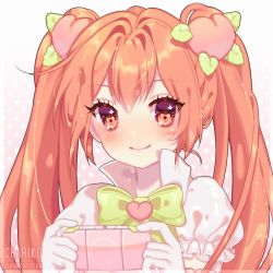 Rule 34 | 1girl, blush, bow, brown eyes, chariko, commission, food-themed hair ornament, hair ornament, long hair, looking at viewer, orange eyes, orange hair, original, peach hair ornament, playing games, portrait, smile, twintails, upper body