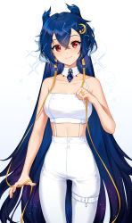 Rule 34 | 1girl, absurdres, aniroud, bare arms, bare shoulders, blue hair, blush, closed mouth, cloud9, cowboy shot, crop top, detached collar, hair between eyes, highres, horns, long hair, looking at viewer, pants, red eyes, ribbon, shirt, smile, solo, standing, thigh strap, very long hair, vienna (vtuber), vienna (vtuber) (1st costume), virtual youtuber, white pants, white shirt, yellow ribbon