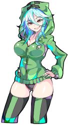 Rule 34 | 1girl, absurdres, black panties, blue hair, breasts, cleavage, collarbone, commission, creeparka, creeper, enpe, hair between eyes, hand on own hip, head tilt, highres, hood, hood up, looking at viewer, medium breasts, minecraft, no pants, open mouth, panties, personification, red eyes, simple background, skeb commission, solo, thighhighs, torn clothes, underwear, white background