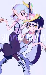 Rule 34 | 2girls, arm up, baggy pants, bare shoulders, black hair, black pants, black pantyhose, blunt bangs, boots, breasts, bright pupils, callie (splatoon), chain, chain earrings, closed mouth, commentary, english text, food, food on head, foot out of frame, fruit, grey background, grey hair, grin, hand on own head, holographic clothing, imaikuy0, inkling, lemon, lemon slice, long hair, looking at viewer, marie (splatoon), mole, mole under eye, multiple girls, nintendo, object on head, official alternate costume, official alternate hairstyle, orange eyes, oyster, pants, pantyhose, pointy ears, short hair, shrimp, skirt, small breasts, smile, splatoon (series), splatoon 3, star-shaped pupils, star (symbol), strapless, suspenders, symbol-only commentary, symbol-shaped pupils, tentacle hair, thick eyebrows, tube top, twintails, very long hair, white footwear, white pupils, zipper, zipper pull tab, zipper skirt