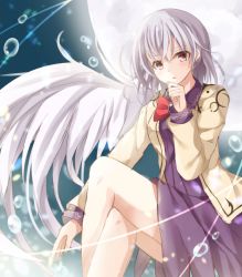 Rule 34 | 1girl, angel wings, bad id, bad pixiv id, bare legs, crossed legs, erika (ym0311), hand on own chin, jacket, kishin sagume, knees, knees up, legs, light blush, long sleeves, looking at viewer, moon, open mouth, red eyes, short hair, silver hair, solo, touhou, wings
